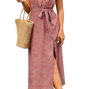 Women Summer V Neck Spaghetti Straps Dress Flowy Split Maxi Dress w/ Belt Large